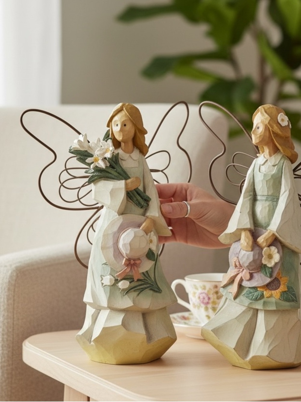Handcrafted Angel Figurine with Flowers - Pastel Green set of 2